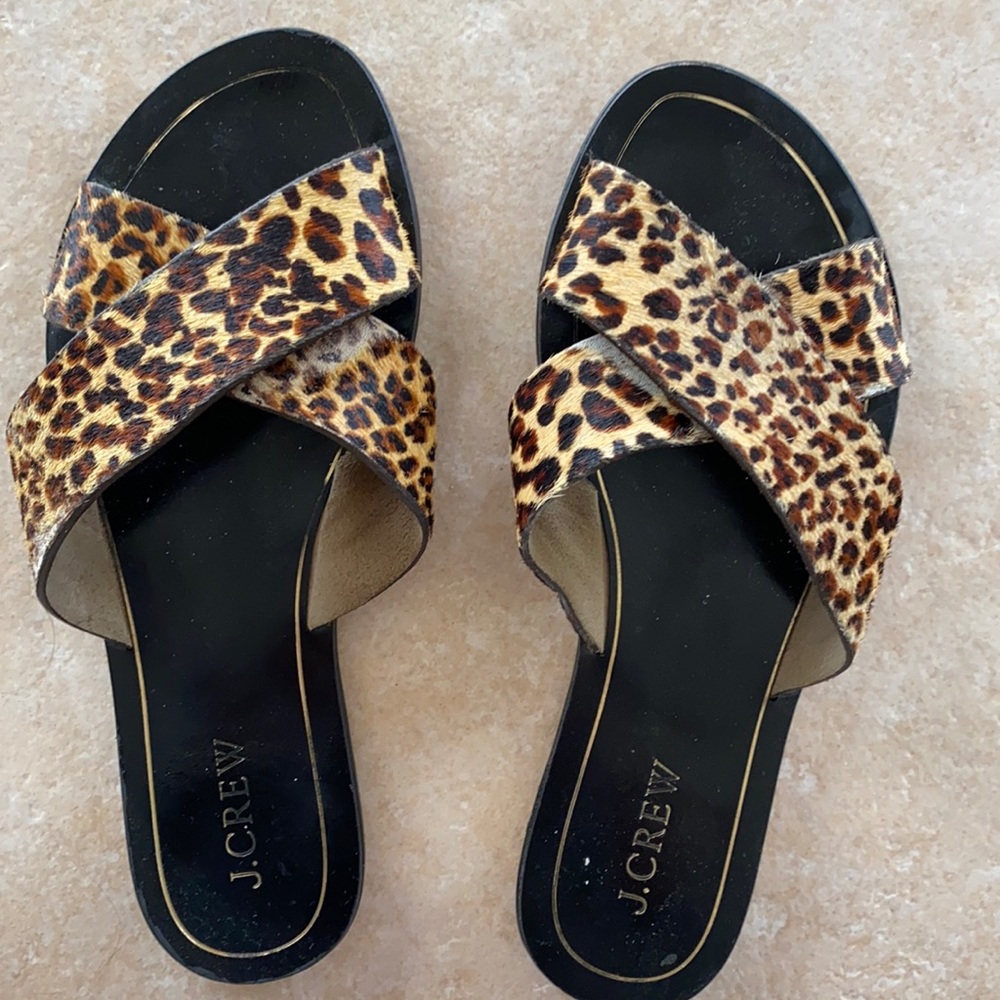 J. Crew leopard calf hair slides